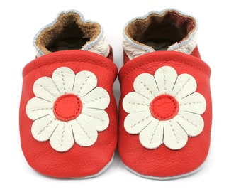 Soft Sole Baby and Toddler Red Leather Bootie Crib Shoe with White Daisy -Girls- Infant Leather Red Crib Shoes with White Daisy