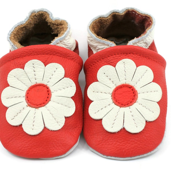 Soft Sole Baby and Toddler Red Leather Bootie Crib Shoe with White Daisy -Girls- Infant Leather Red Crib Shoes with White Daisy