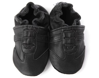 Soft Sole Baby and Toddler Black Leather Bootie Crib Shoe with Sneaker Detail -Boys-