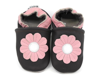 Soft Sole Baby and Toddler Brown Leather Bootie Crib Shoe with Pink Daisy  -Girls-