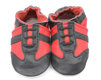 Kidzuu Soft Sole Baby Boy Infant Leather Black and Red Sneaker
