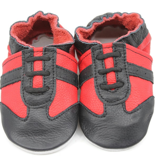Kidzuu Soft Sole Baby Boy Infant Leather Black and Red Sneaker