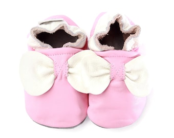 Soft Sole Baby and Toddler Pink Leather Bootie Crib Shoe with White Bow -Girls-