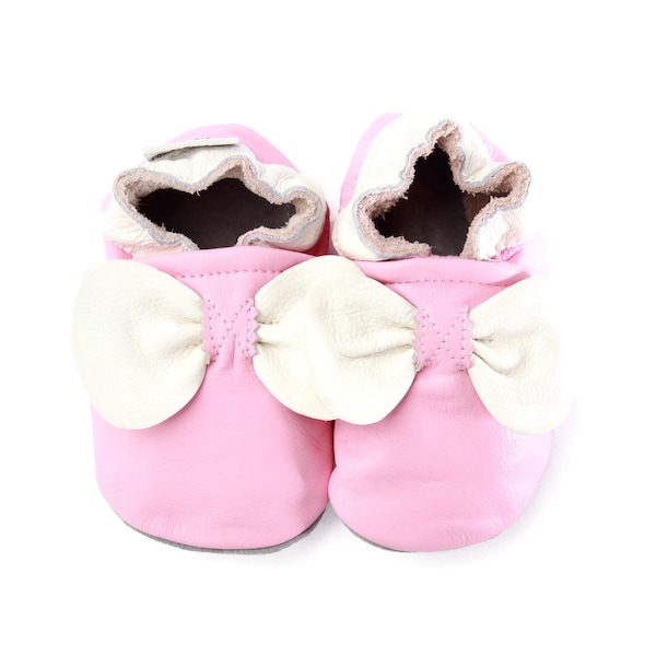 Soft Sole Baby and Toddler Pink Leather Bootie Crib Shoe with White Bow -Girls-