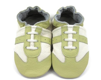 Soft Sole Baby and Toddler Light Green Leather Sneaker Crib Shoe with Cream Detail -Boys-