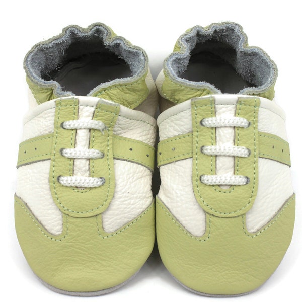 Soft Sole Baby and Toddler Light Green Leather Sneaker Crib Shoe with Cream Detail -Boys-