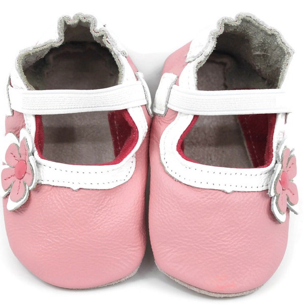 Soft Sole Baby and Toddler Pink Leather Mary Jane Crib Shoe with Flower -Girls-