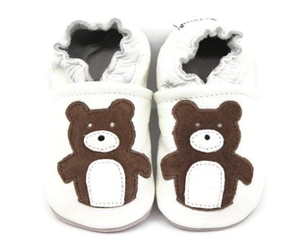 Soft Sole Baby and Toddler White Leather Bootie Crib Shoe with Brown Bear -Unisex-