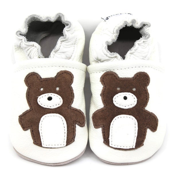 Soft Sole Baby and Toddler White Leather Bootie Crib Shoe with Brown Bear -Unisex-