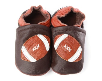 Soft Sole Baby and Toddler Brown Leather Bootie Crib Shoe with Football -Boys-
