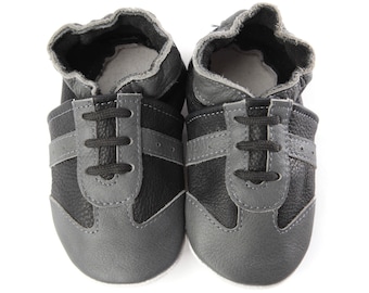 Soft Sole Baby and Toddler Gray and Black Leather Sneaker Crib Shoe -Boys-