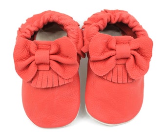 Soft Sole Baby and Toddler Red Leather Bootie Crib Shoe with Bow and Tassels -Girls-