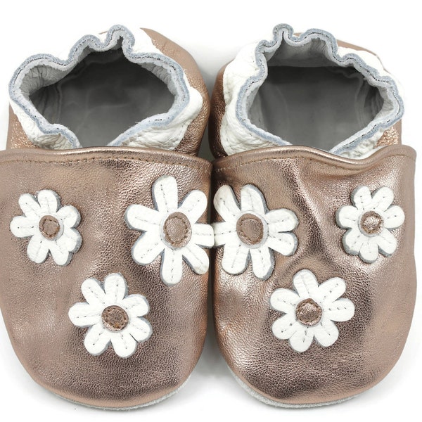 Soft Sole Baby and Toddler Bronze Metallic Leather Bootie Crib Shoe with 3 White Flowers -Girls-