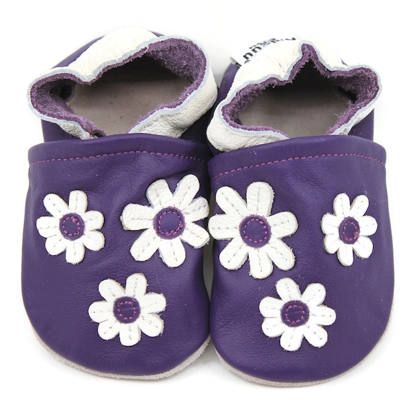 Soft Sole Baby and Toddler Purple Leather Bootie Crib Shoe with 3 White Flowers -Girls-