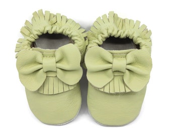 Soft Sole Baby and Toddler Apple Green Leather Moccasin Crib Shoe with Bow and Tassels -Girls-