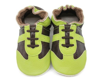 Soft Sole Baby and Toddler Green and Brown Leather Bootie Sneaker Crib Shoe -Boys-