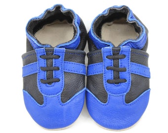 Soft Sole Baby and Toddler Blue Leather Bootie Sneaker Crib Shoe with Black Detal -Boys-