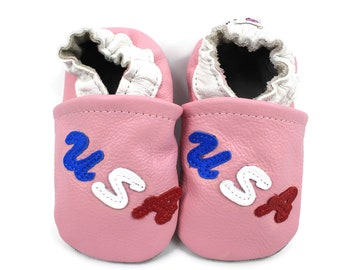 Soft Sole Baby and Toddler Pink Leather Bootie Crib Shoe with USA Detail -Girls-