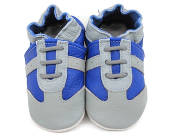 Soft Sole Baby and Toddler Gray Leather Sneaker Crib Shoe With Blue Detail -Boys-