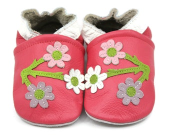 Watermelon Pink Leather Soft Sole Bootie with Three Flowers and Soft Soles -Girls-