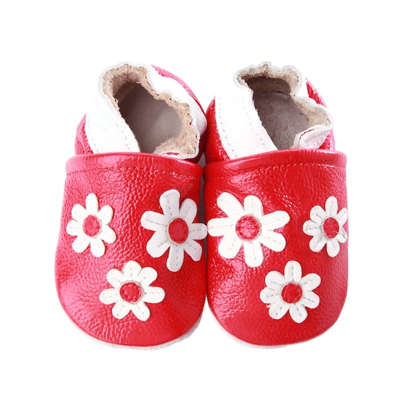 Soft Sole Baby and Toddler Red Leather Bootie Crib Shoe with 3 White Flowers -Girls-