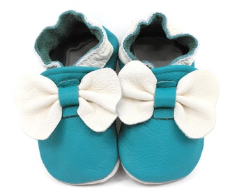 Soft Sole Baby and Toddler Teal Leather Bootie Crib Shoe with White Bow -Girls-