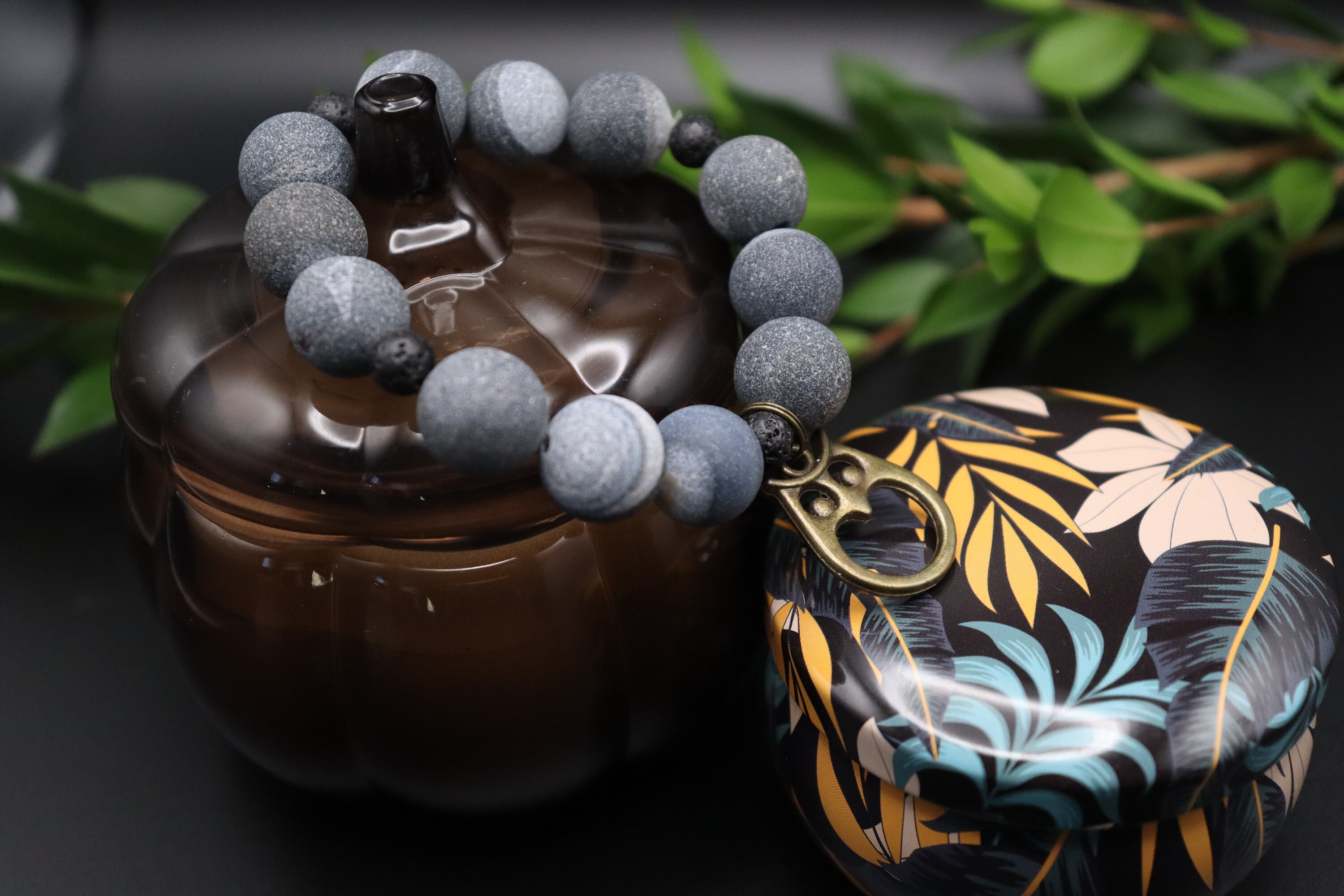 Hoot - Owl charm * black agate * Lava rock * stretch bracelet *