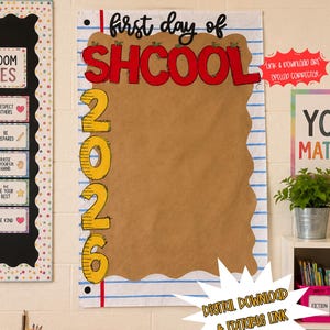 May include: A vertical wall banner designed like a piece of notebook paper with blue horizontal lines and a red vertical margin. It features the black text first day of, red text SHCOOL, and large yellow numbers 2026 on a brown wavy background.