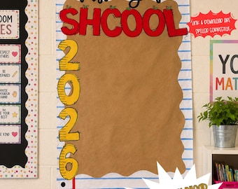 Puede incluir: Un cartel vertical diseñado como una hoja de papel con líneas horizontales azules y un margen vertical rojo. Presenta el texto negro first day of, el texto rojo SHCOOL y números amarillos grandes 2026 sobre un fondo marrón con forma ondulada.