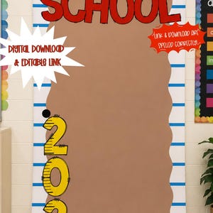 May include: A vertical banner featuring a white background with blue horizontal lines resembling notebook paper. The text reads first day of SCHOOL in black and red. A large brown shape occupies the center, with the yellow numbers 2026 vertically aligned.