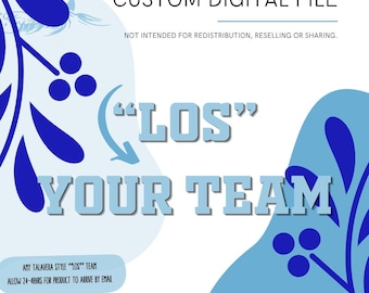 Puede incluir: Un archivo gráfico digital con patrones abstractos de hojas y bayas en azul y azul claro. El texto dice CUSTOM DIGITAL FILE, NOT INTENDED FOR REDISTRIBUTION, RESELLING OR SHARING, LOS, YOUR TEAM y FortunateFish.Net.