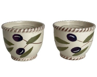 Stoneware Cream Green Purple Olive Leaf Ceramic Rope Trim Votive Candle Holder