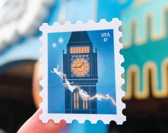 Peter Pan’s Flight Stamp Sticker | Neverland, Big Ben, Tinker Bell, Wendy | Water Resistant Shiny or Holographic Sticker | Riley Rudd Co.