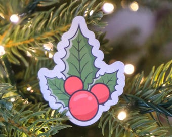 Mickey Mouse Christmas Sticker, Holly Berry, Water Resistant, Shiny or Holographic