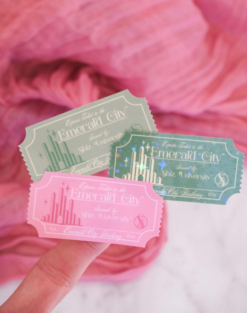 Emerald City Express-ticket waterbestendige glanzende of holografische stickers | Wicked For Good, Elphaba, Glinda | Broadway, Oz | Second Star Co Classic 3 Colors