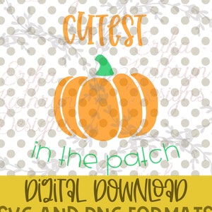 Puede incluir: Una descarga digital de una calabaza con el texto "Cutest in the patch" en verde sobre un fondo blanco con un patrón de lunares grises.