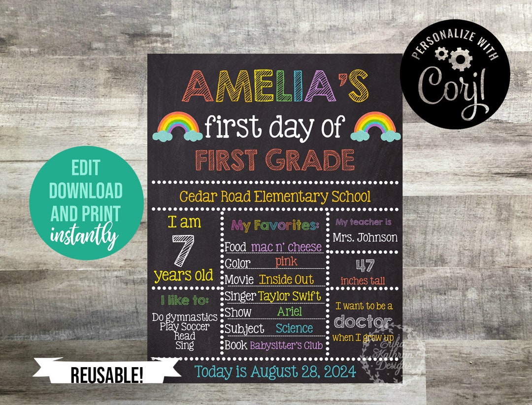 Girl First Day of School Rainbow Chalkboard | Editable Printable ...