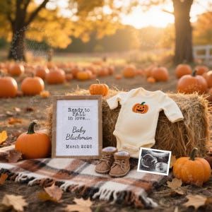 May include: A fall-themed pregnancy announcement featuring a cream-colored baby onesie with an orange jack-o'-lantern, a framed sign, baby shoes, and a sonogram. The sign reads "Ready to FALL in love... Baby Blackman March 2026."