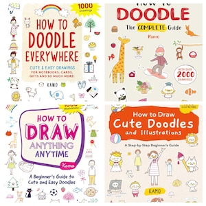 May include: Four instructional drawing books by Kamo titled How to Doodle Everywhere, How to Doodle The Complete Guide, How to Draw Anything Anytime, and How to Draw Cute Doodles and Illustrations, featuring colorful cartoon character and object sketches.