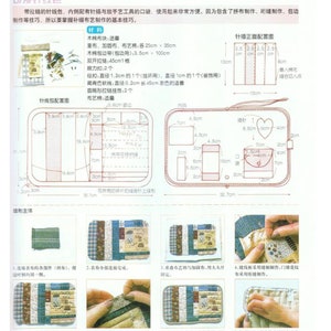 May include: A diagram showing how to make a small needlepoint case with a zipper closure. The case is made of fabric scraps and has a small pocket for needles. The diagram includes measurements in inches.