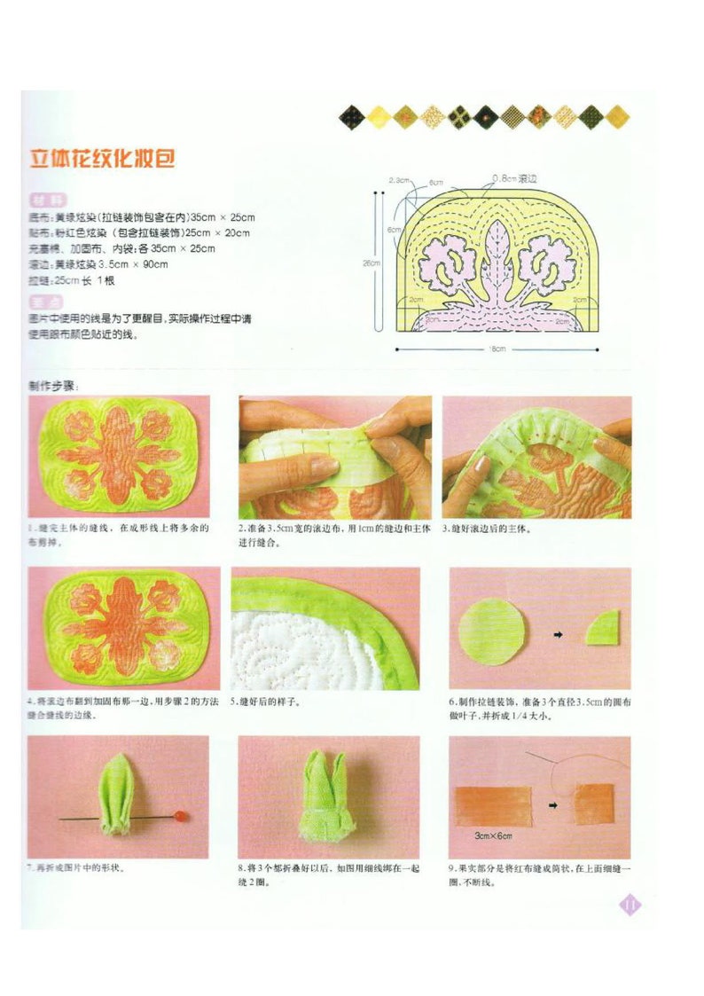 May include: A step-by-step guide on how to make a 3D flower-shaped makeup bag. The instructions are written in Chinese and illustrated with photos of each step. The bag is made with yellow-green and pink fabric.