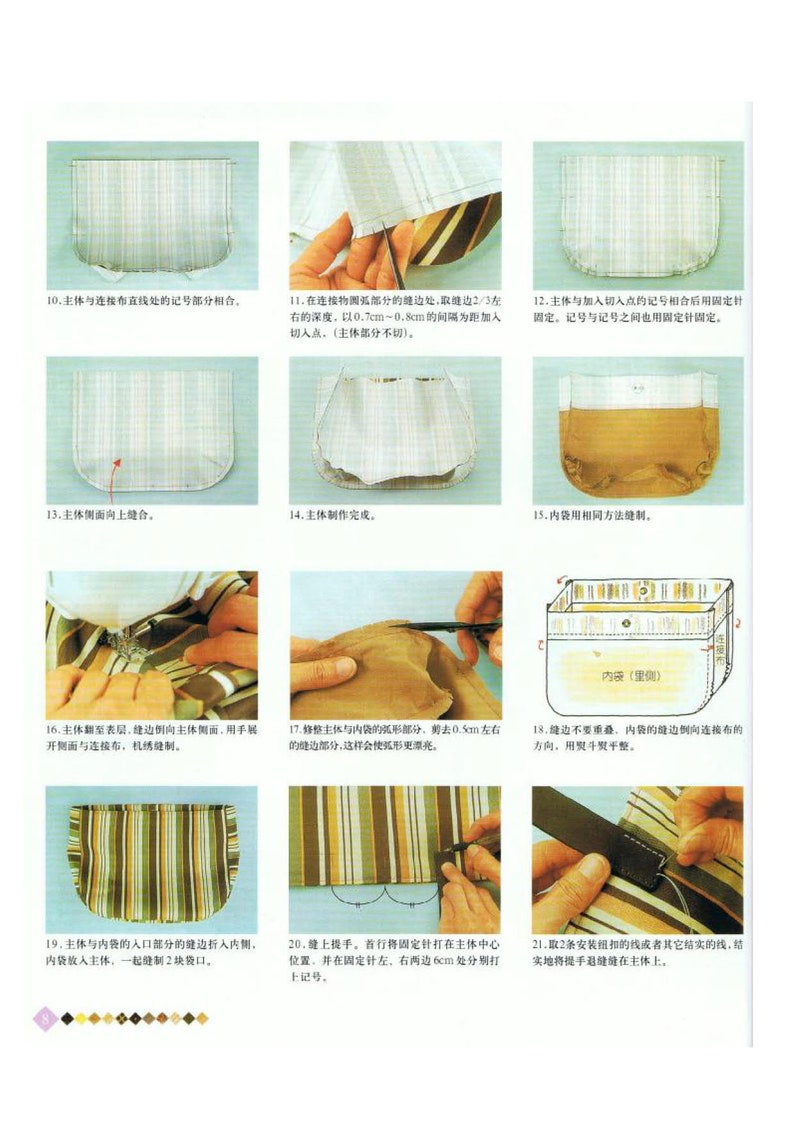 May include: A step-by-step guide on how to sew a pocket with a striped fabric. The instructions are in Japanese and include images of each step. The final product is a brown pocket with a leather strap.