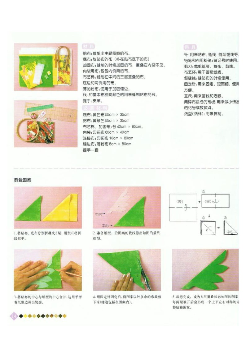 May include: Instructions for making a green and yellow fabric flower with a yellow center. The steps are illustrated with photos of the process. The text in the image is in Japanese.