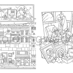 May include: Black and white line art illustration of a comic book page with multiple panels. The panels depict a variety of scenes, including a woman with long hair, a group of people in a room, and a cityscape.