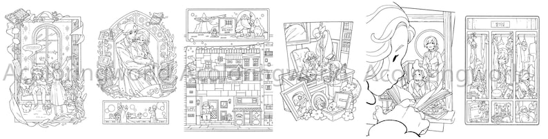 May include: Black and white line art illustration of a comic book page with multiple panels. The panels depict a variety of scenes, including a woman with long hair, a group of people in a room, and a cityscape.