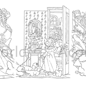 May include: Black and white line art illustration of four different scenes featuring a variety of characters and objects. The first scene shows a group of people gathered around a Christmas tree. The second scene shows a group of people gathered around a fireplace. The third scene shows a group of people gathered around a table. The fourth scene shows a group of people gathered around a door.