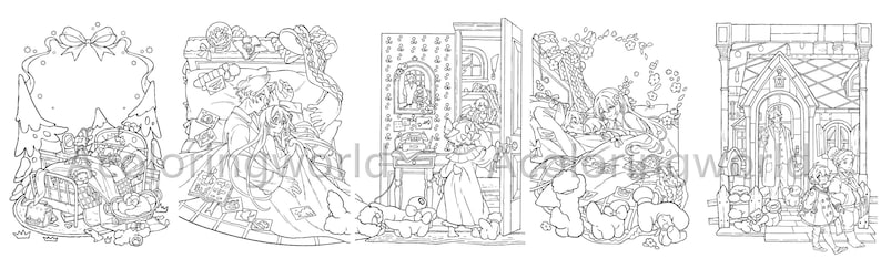 May include: Black and white line art illustration of four different scenes featuring a variety of characters and objects. The first scene shows a group of people gathered around a Christmas tree. The second scene shows a group of people gathered around a fireplace. The third scene shows a group of people gathered around a table. The fourth scene shows a group of people gathered around a door.