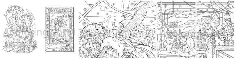 May include: A black and white illustration depicting a scene with numerous characters. The scene is set in a room with a large window. The characters are all wearing different clothes and interacting with each other. The illustration is detailed and intricate.