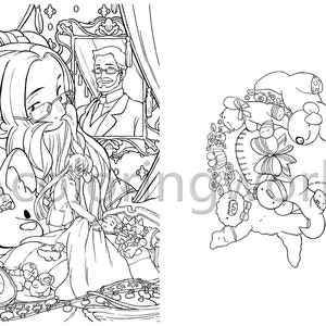 May include: Black and white line art illustration of a group of people and animals. The illustration is in a whimsical style and features a variety of characters, including a woman with glasses, a man with a hat, and a dog. The illustration is surrounded by a decorative border.