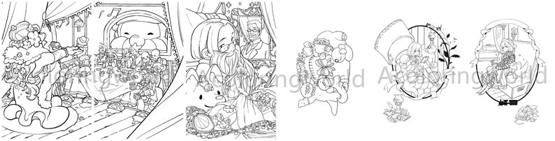 May include: Black and white line art illustration of a group of people and animals. The illustration is in a whimsical style and features a variety of characters, including a woman with glasses, a man with a hat, and a dog. The illustration is surrounded by a decorative border.